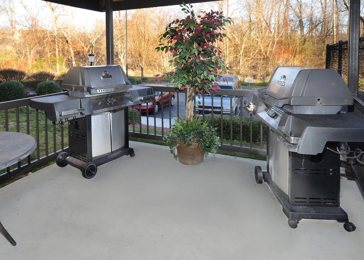This exterior image features patio grills surrounded by potted plants on a clean patio floor, hinting at a welcoming outdoor gathering space where guests can enjoy fresh air and socialize.